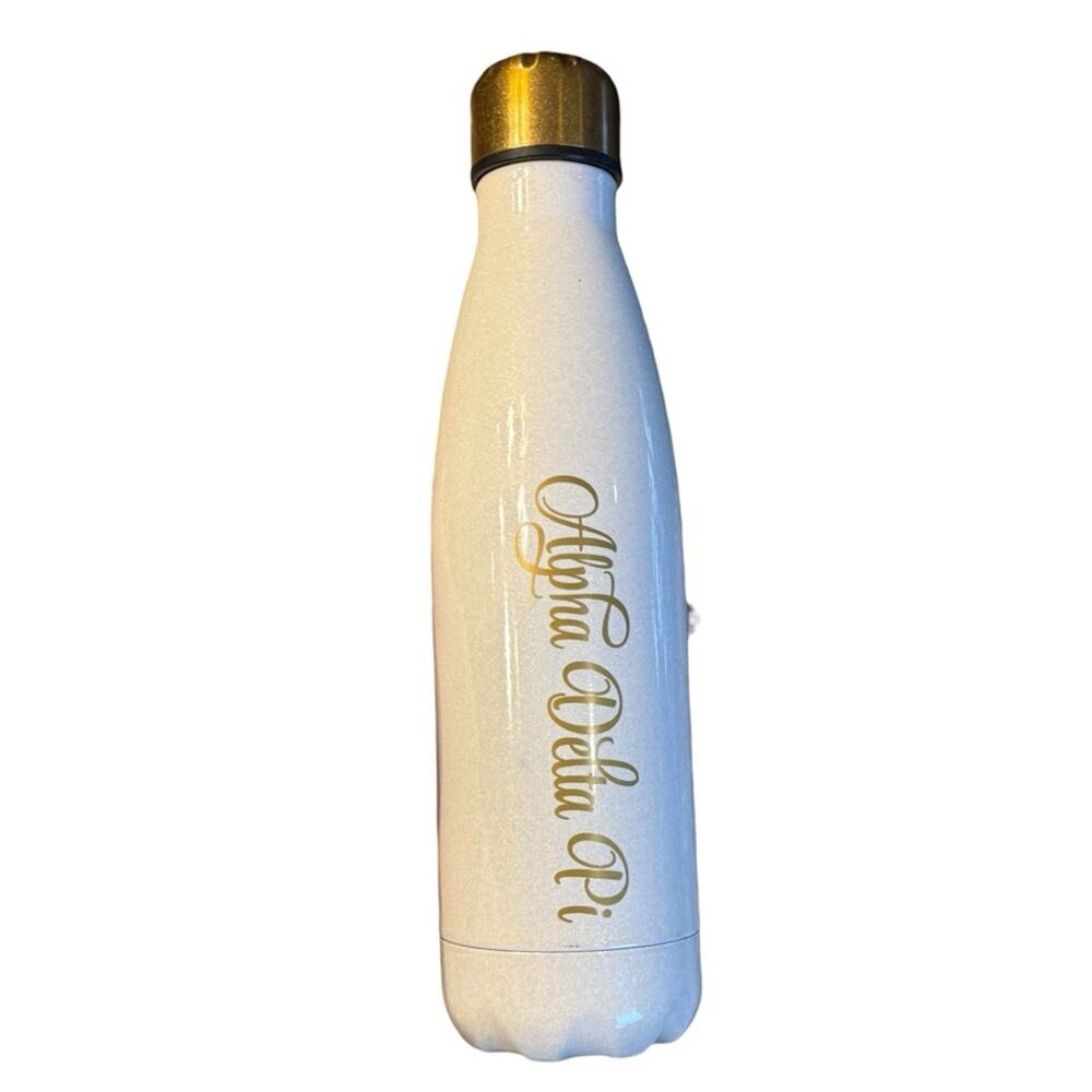 Karma Alpha Delta Pi Sorority White Pearl and Gold Water Bottle